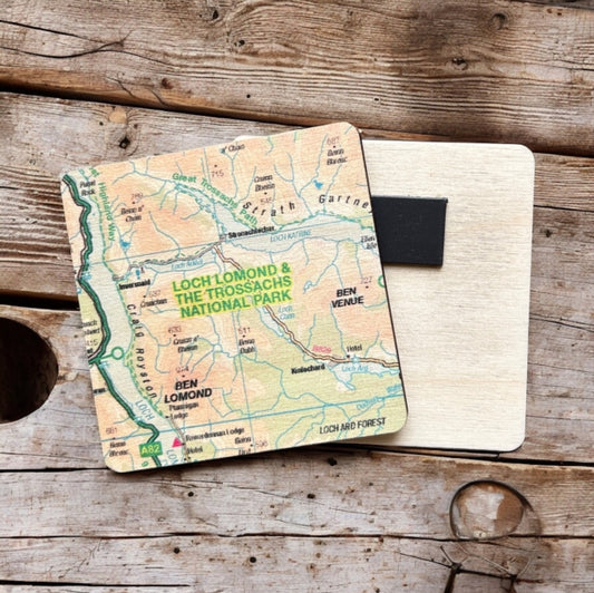 Book cover of: OS Map Wooden Square Magnet - Loch Lomond and The Trossachs National Park