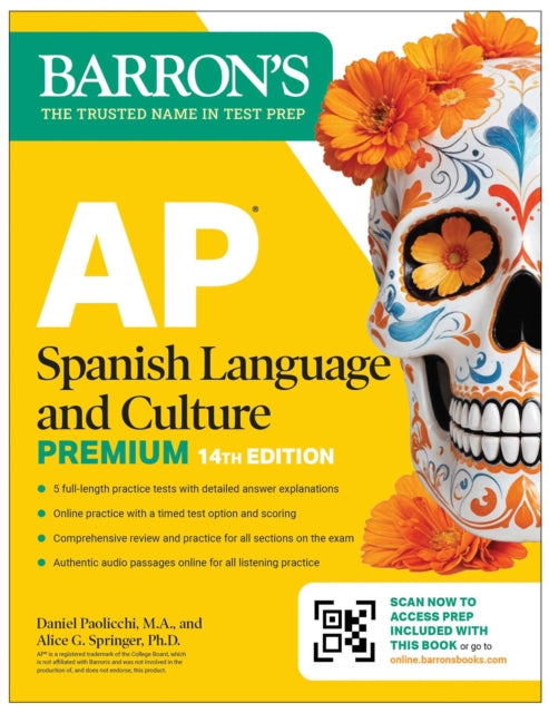 Book cover of: AP Spanish Language and Culture Premium, Fourteenth Edition: Prep Book with 5 Practice Tests + Comprehensive Review + Online Practice (2026). By: Barron's Educational Barron's Educational Series