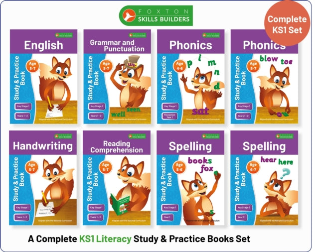 Book cover of: Complete Key Stage 1 Literacy Study & Practice Books - 8-book bundle! English, Phonics, Spelling, Handwriting, Reading Comprehension for AGES 4 - 7