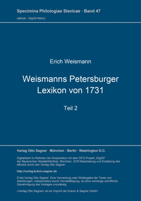 Book cover of: Weismanns Petersburger Lexikon von 1731. By: Erik Weismann