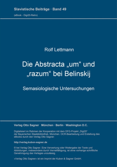 Book cover of: Die Abstracta "um" und "razum" bei Belinskij. By: Rolf Lettmann