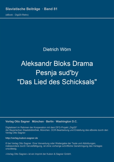 Book cover of: Aleksandr Bloks Drama Pesnja sud'by "Das Lied des Schicksals"