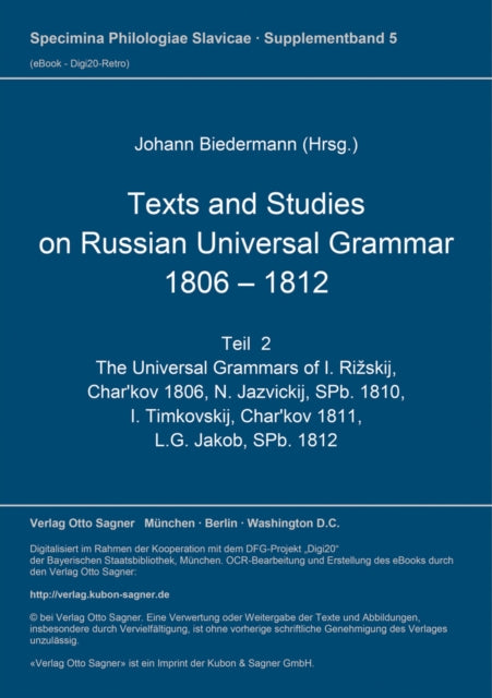 Book cover of: Texts and studies on Russian universal grammar 1806 - 1812