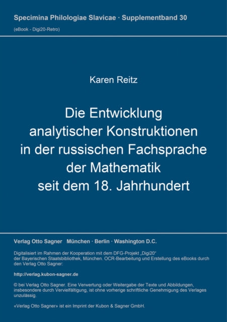 Book cover of: Die Entwicklung analytischer Konstruktionen in der russischen Fachsprache der Mathematik seit dem 18. Jahrhundert