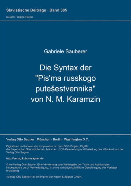 Book cover of: Die Syntax der "Pis'ma russkogo putesestvennika" von N. M. Karamzin